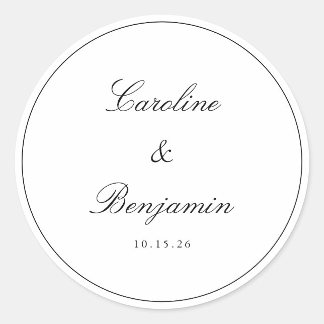 Classic Border Script Elegant Wedding Custom Round Sticker (Front)