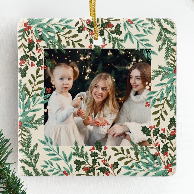 Classic Botanical Floral Christmas Two photo Ceramic Ornament (Creator Uploaded)