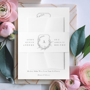 classic botanical floral names & monogram crest invitation belly band