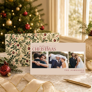 Classic Botanical Newlywed Christmas Photo Holiday Card
