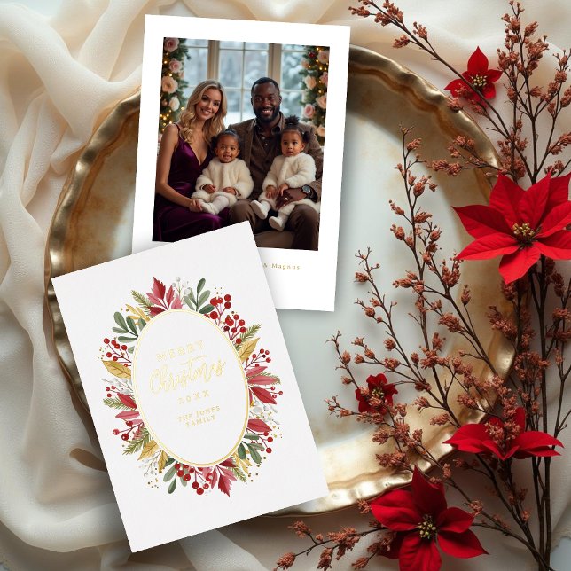 Classic Botanical Oval Frame Traditional Christmas Foil Holiday Card (Gold Classic Traditional Christmas Botanical Oval Frame Metallic Foil Holiday Cards with Back Photo.)