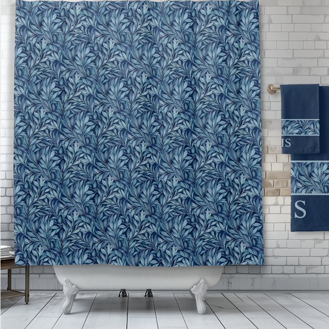 Classic Botanical Pattern Shower Curtain (Classic blue botanical pattern shower curtain and towel set.)