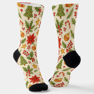 Classic Botanical Poinsettia Floral Art Pattern Socks