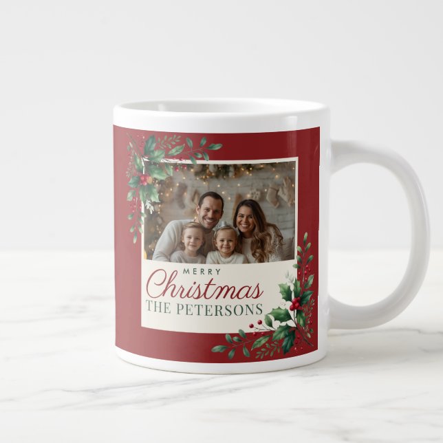 Classic Botanical Red Custom Photo Christmas Large Coffee Mug (Right)