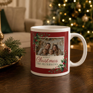 Classic Botanical Red Custom Photo Christmas Large Coffee Mug