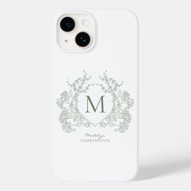 Classic Botanical Sage Green Floral Crest Monogram Case-Mate iPhone Case (Back)
