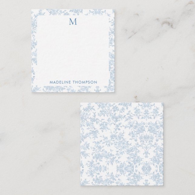 Classic Botanical Toile Monogram Blue Square Card (Front/Back)