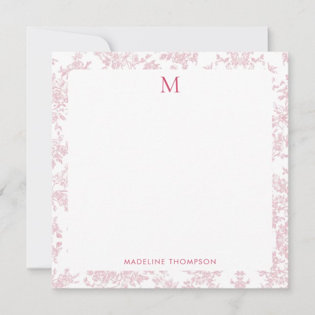 Classic Botanical Toile Monogram Red Square Card (Front)