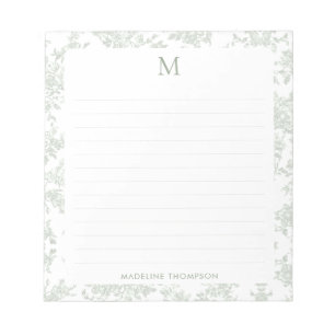 Classic Botanical Toile Monogram Sage Green Lined Notepad