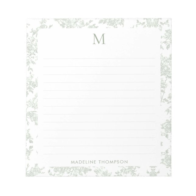 Classic Botanical Toile Monogram Sage Green Lined Notepad (Front)