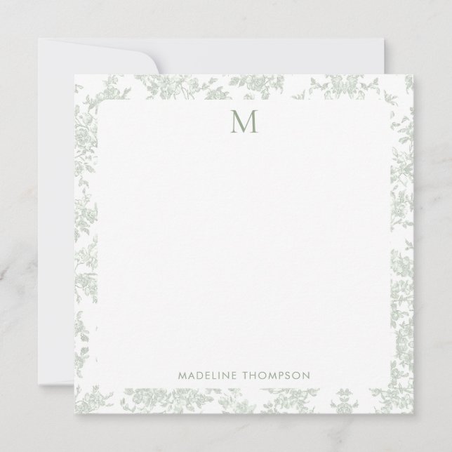 Classic Botanical Toile Monogram Sage Green Square Card (Front)