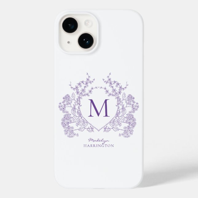 Classic Botanical Violet Floral Crest Monogram Case-Mate iPhone Case (Back)