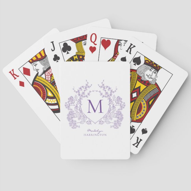 Classic Botanical Violet Floral Crest Monogram Playing Cards (Back)