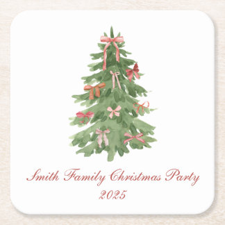 Classic Bow Tree Family Christmas Party Holiday Square Paper Coaster