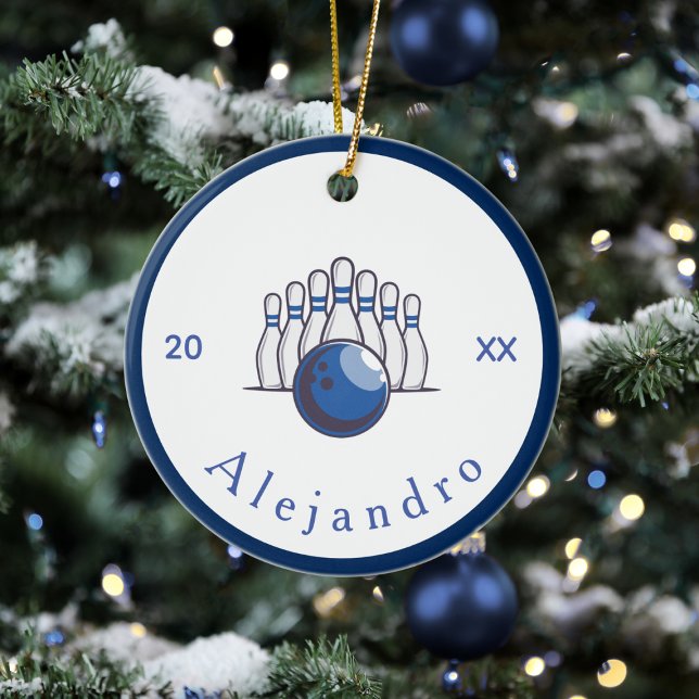 Classic Bowling Design Pins & Ball Name & Year Ceramic Ornament (Creator Uploaded)