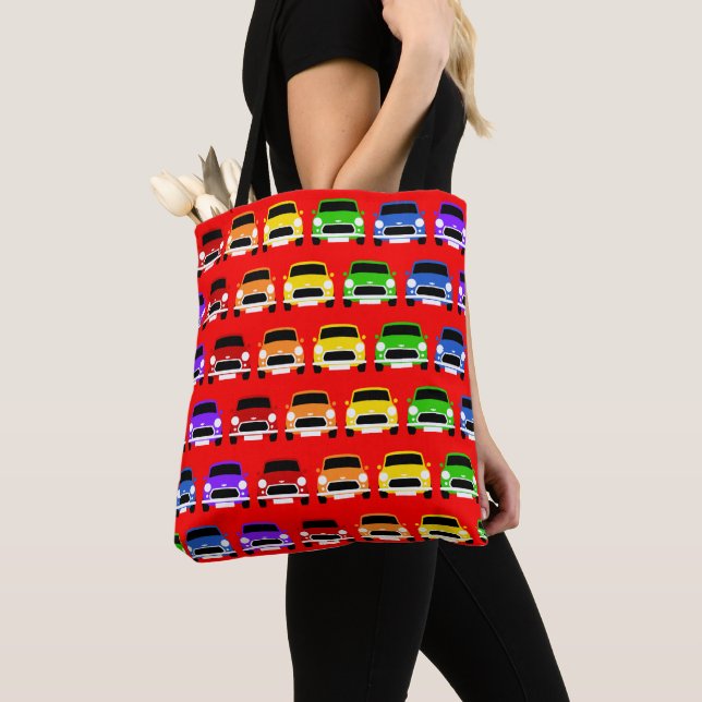 Classic British Mini Car red Rainbow Tote Bag (Close Up)