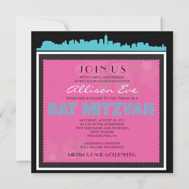 CLASSIC BROADWAY Bat Mitzvah Invitation-in pink1 Invitation (Front)