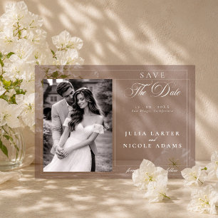 Classic Brown Calligraphy Photo Save The Date Acrylic Invitations