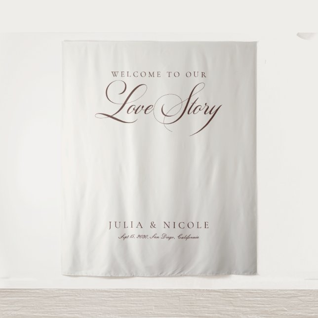 Classic Brown Calligraphy Wedding Backdrops Banner Tapestry (Front)