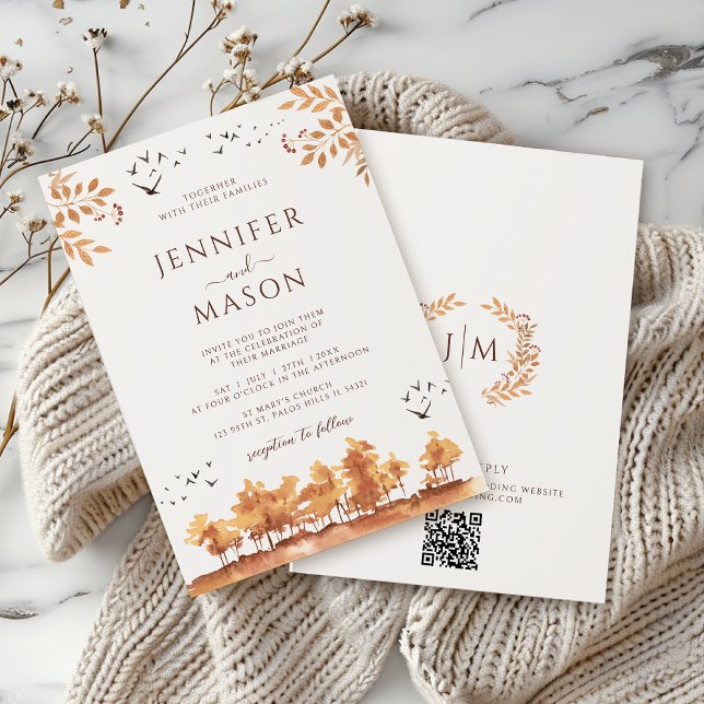 Classic Brown Fall Landscape Leaves Wedding QR Invitation (Creator Uploaded)