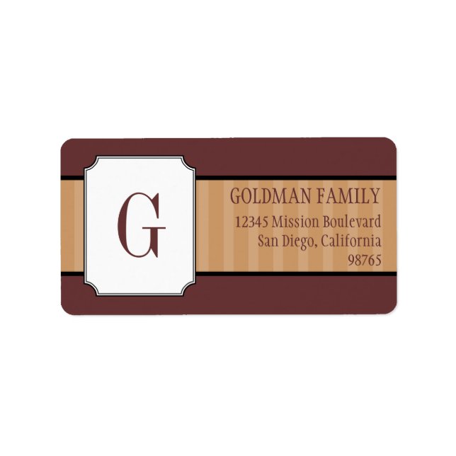 Classic brown stripes monogram return address label (Front)