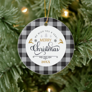 Classic Buffalo Plaid Check Merry Christmas Ceramic Ornament