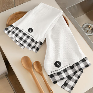 Classic Buffalo Plaid Initial Family Name Kitchen  Tea Towel