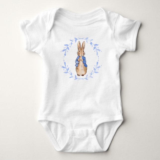 Classic bunny blue jacket leafy wreath baby bodysuit (Front)