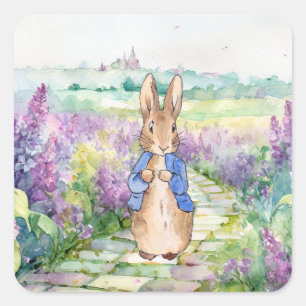 Classic bunny blue jacket with watercolour lilacs  square sticker