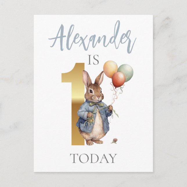 Classic bunny in blue First Birthday Postcard (Front)