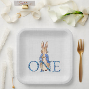 Classic Bunny in blue jacket First Birthday Paper Plate