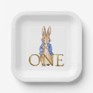 Classic Bunny in blue jacket First Birthday Paper Plate