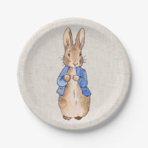 Classic Bunny Rabbit Beige Linen Background Paper Plate