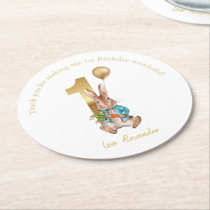 Classic Bunny rabbit First Birthday Round Paper Coaster