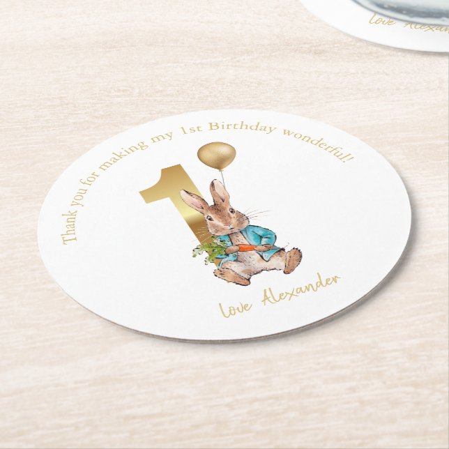 Classic Bunny rabbit First Birthday Round Paper Coaster (Angled)