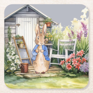 Classic Bunny Rabbit Garden Shed Square Paper Coaster