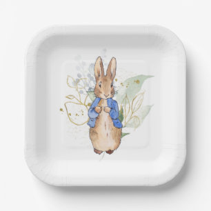 Classic Bunny Rabbit green and gold leaves Paper Plate