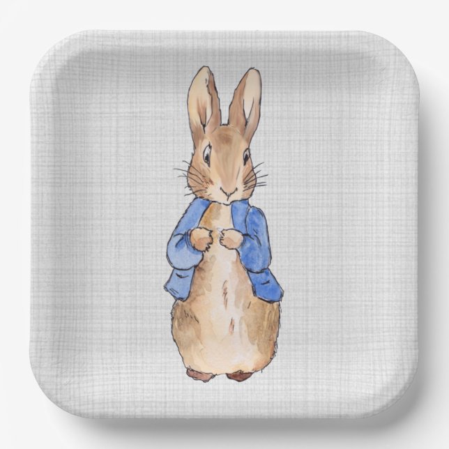 Classic bunny rabbit grey linen background paper plate (Front)
