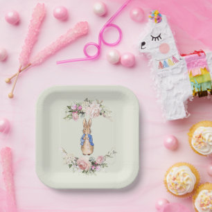 Classic Bunny rabbit pink floral wreath Paper Plate