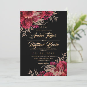 Classic Burgundy and Black Gold Floral Wedding Invitation