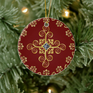 Classic Burgundy and Gold Ceramic Ornament