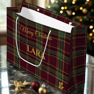Classic Burgundy and Green Tartan Plaid Christmas Large Gift Bag