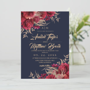 Classic Burgundy and Navy Blue Floral Wedding  Invitation