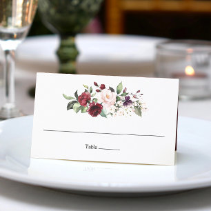 Classic Burgundy Blush Bouquet Watercolor Floral Place Card