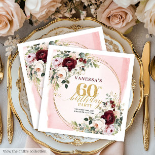 Classic Burgundy Blush Floral 60th Birthday Napkin