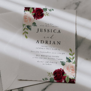 Classic Burgundy & Blush Floral Watercolor Wedding Invitation