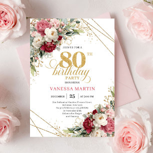 Classic Burgundy Blush Gold 80th Birthday Invite