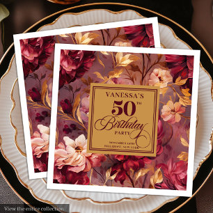 Classic Burgundy Blush Gold Floral 50th Birthday Napkin