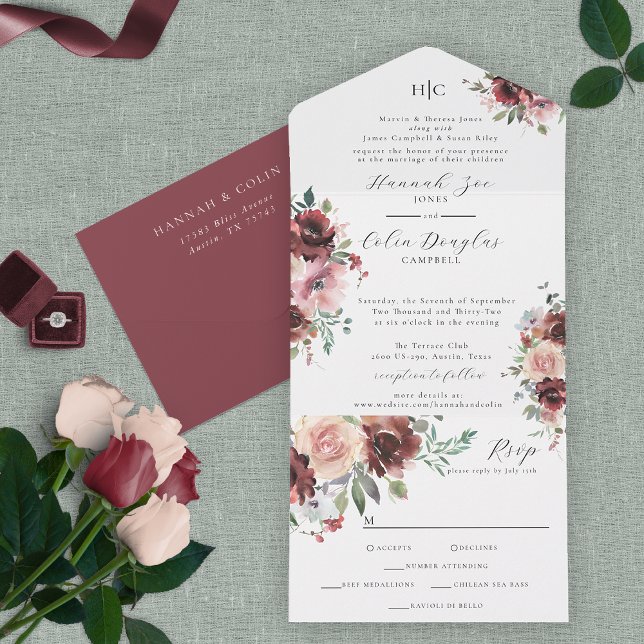 Classic Burgundy Blush Rose & Peony All In One Invitation (Creator Uploaded)