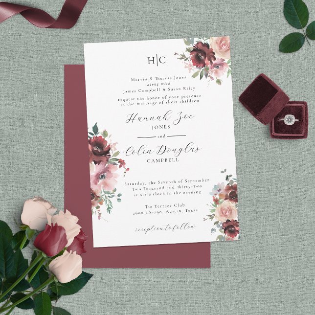 Classic Burgundy Blush Rose & Peony Invitation (Creator Uploaded)